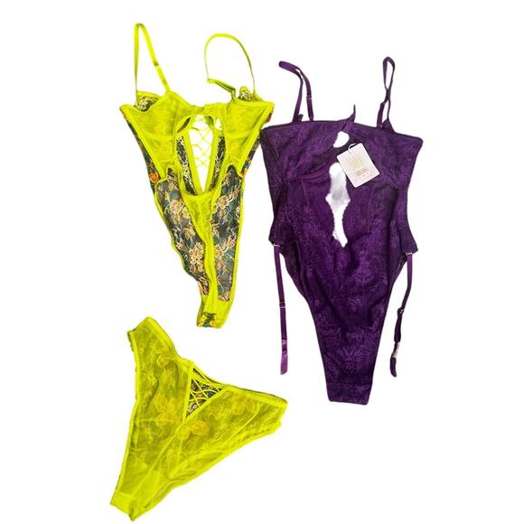 Savage X Fenty Lingerie Bundle Yellow Floral Set & Purple Lace Bodysuits (S/M) - Picture 2 of 8